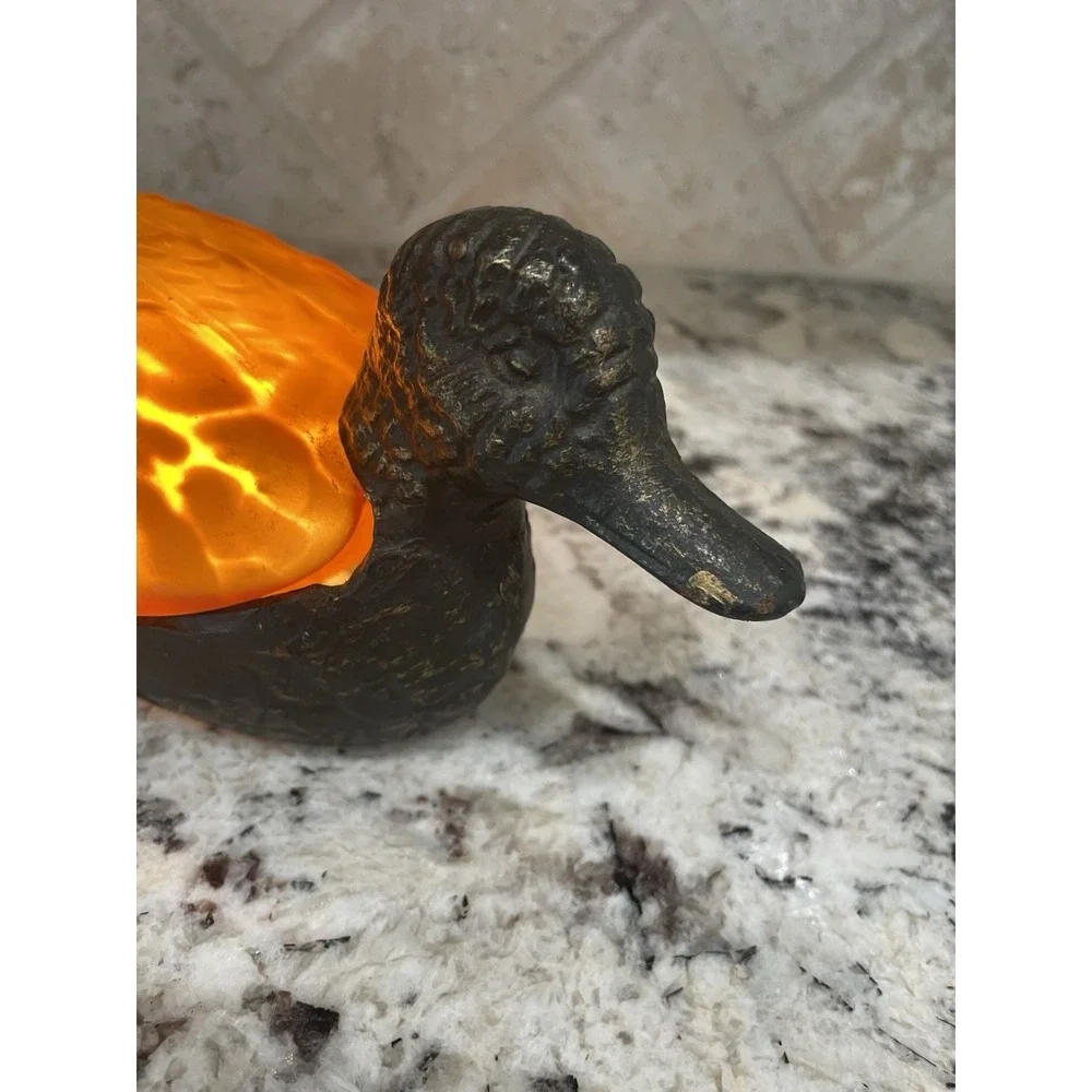 Vtg Duck Mallard Night Light Accent Table Lamp Cast Iron & Amber Glass Ambiance